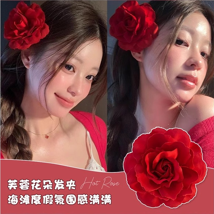 Kẹp tóc hoa hồng đỏ cổ điển kiểu Pháp khí chất thanh lịch bên lề kẹp tóc nữ đuôi ngựa mũ đội đầu hoa