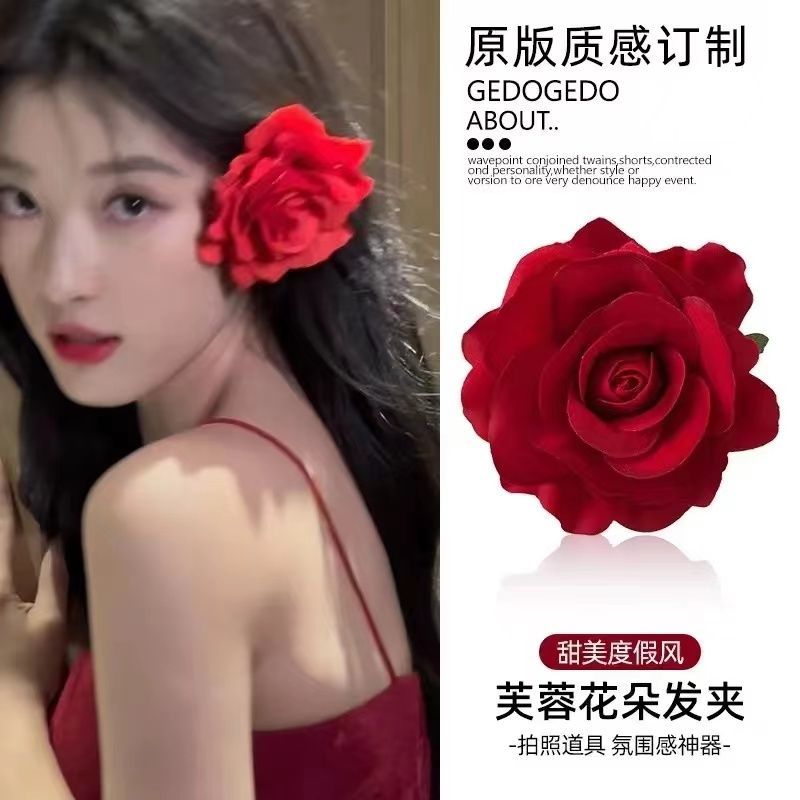 Kẹp tóc hoa hồng đỏ cổ điển kiểu Pháp khí chất thanh lịch bên lề kẹp tóc nữ đuôi ngựa mũ đội đầu hoa