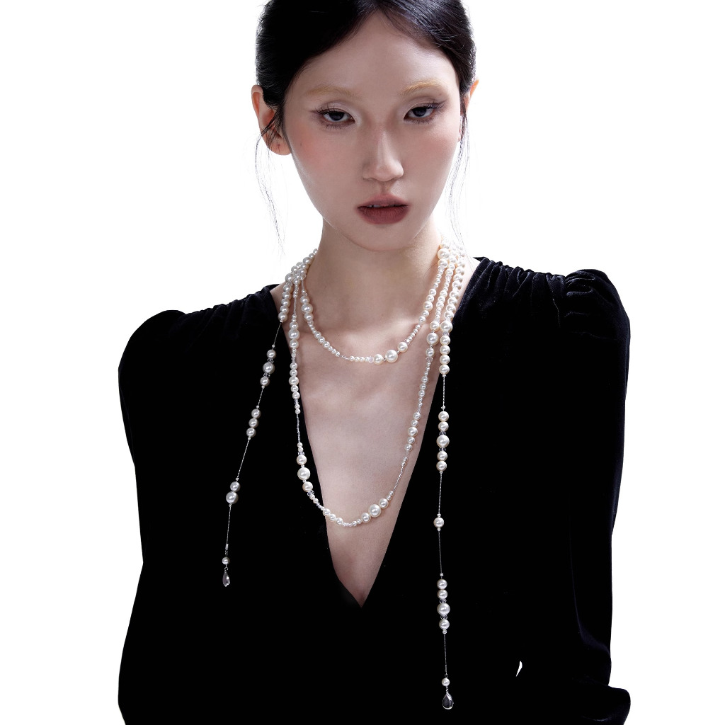 Have u desgin Broken Urban Nguyên bản Vòng cổ ngọc trai dài Sterling Bạc pha lê xếp chồng lên nhau Retro Gypsophila Dây chuyền dài