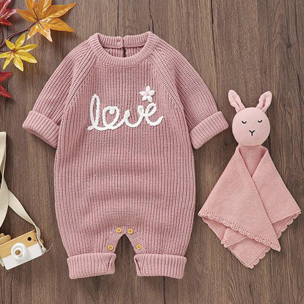 Bộ áo liền quần dệt kim cho bé gái Áo liền quần dài tay thêu hoa