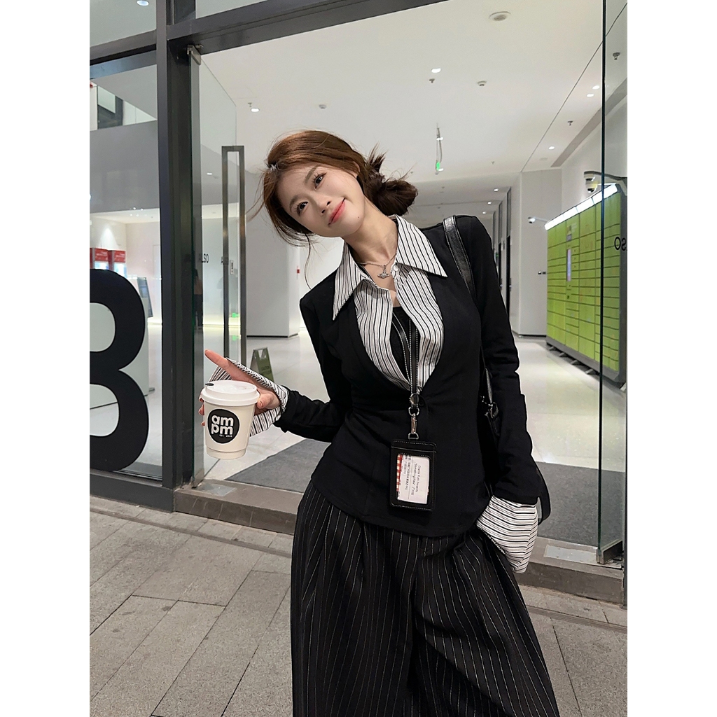 【BANKO】Phiên bản Hàn Quốc Thu Đông Nữ Ren Đen Sọc Ve Áo Thun Dài Tay