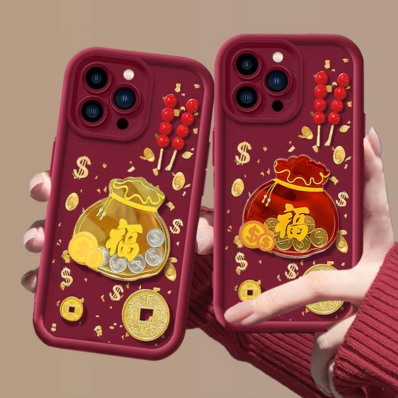 Năm Mới Màu Đỏ 3D Túi May Mắn Vàng Đồng Xu Điện Thoại Dành Cho Samsung Galaxy A22 A33 A53 A25 5G S20 S21 S22 S23 Plus S20FE S21FE Note 20 Ultra Vỏ Silicon Mềm Matte Cover