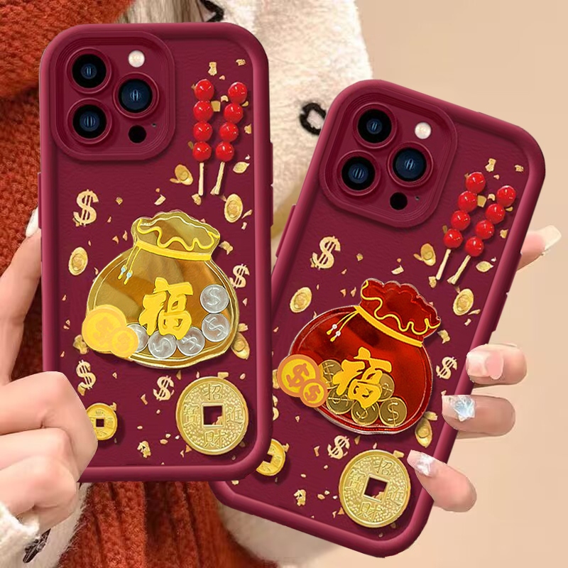 Năm Mới Màu Đỏ 3D Túi May Mắn Vàng Đồng Xu Điện Thoại Dành Cho Samsung Galaxy A22 A33 A53 A25 5G S20 S21 S22 S23 Plus S20FE S21FE Note 20 Ultra Vỏ Silicon Mềm Matte Cover
