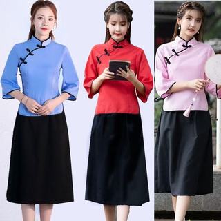 Phong Cách Trung Hoa Sườn Xám Khóa Người Phụ Nữ Vải Lanh Cotton 3 / 4 Áo Sơ Mi Tay Mới