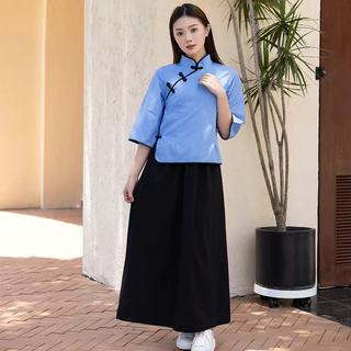 Phong Cách Trung Hoa Sườn Xám Khóa Người Phụ Nữ Vải Lanh Cotton 3 / 4 Áo Sơ Mi Tay Mới