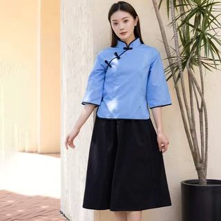 Phong Cách Trung Hoa Sườn Xám Khóa Người Phụ Nữ Vải Lanh Cotton 3 / 4 Áo Sơ Mi Tay Mới