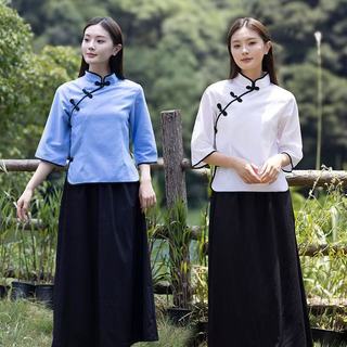 Phong Cách Trung Hoa Sườn Xám Khóa Người Phụ Nữ Vải Lanh Cotton 3 / 4 Áo Sơ Mi Tay Mới