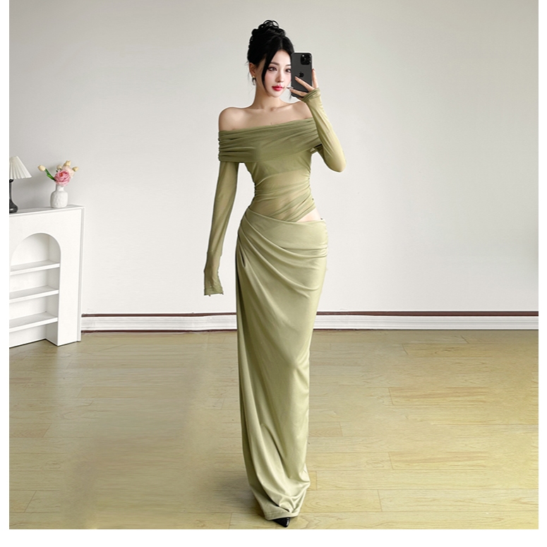 Klalien Xếp Chồng Lưới Xếp Ly Nữ Đầm Maxi Thời Trang Nóng Nhìn Xuyên Qua Full Tay Tắt Vai Bodycon Mujer Gợi Cảm Độc Đáo Đảngwear