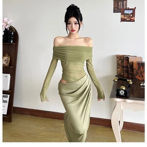 Klalien Xếp Chồng Lưới Xếp Ly Nữ Đầm Maxi Thời Trang Nóng Nhìn Xuyên Qua Full Tay Tắt Vai Bodycon Mujer Gợi Cảm Độc Đáo Đảngwear