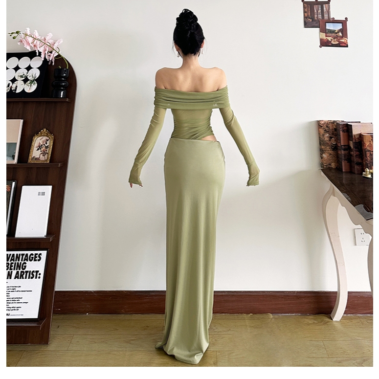 Klalien Xếp Chồng Lưới Xếp Ly Nữ Đầm Maxi Thời Trang Nóng Nhìn Xuyên Qua Full Tay Tắt Vai Bodycon Mujer Gợi Cảm Độc Đáo Đảngwear