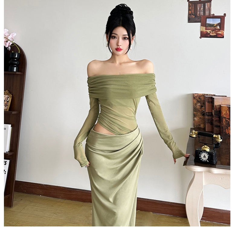 Klalien Xếp Chồng Lưới Xếp Ly Nữ Đầm Maxi Thời Trang Nóng Nhìn Xuyên Qua Full Tay Tắt Vai Bodycon Mujer Gợi Cảm Độc Đáo Đảngwear