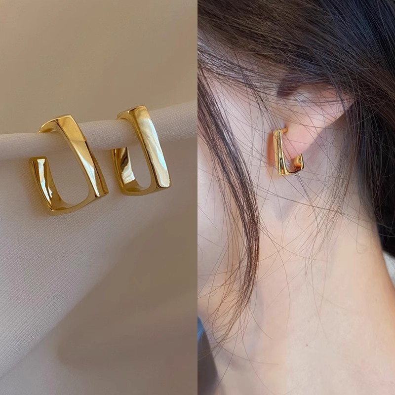 Bông tai hình vuông rỗng thiết kế tối giản, trang sức hàng ngày