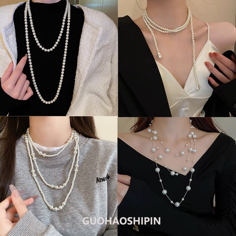 Luimo Thanh Lịch Hai Lớp Mô Phỏng Ngọc Trai Áo Len Vòng Cổ Nữ Cổ Dài Dây Chuyền Vòng Cổ SBS