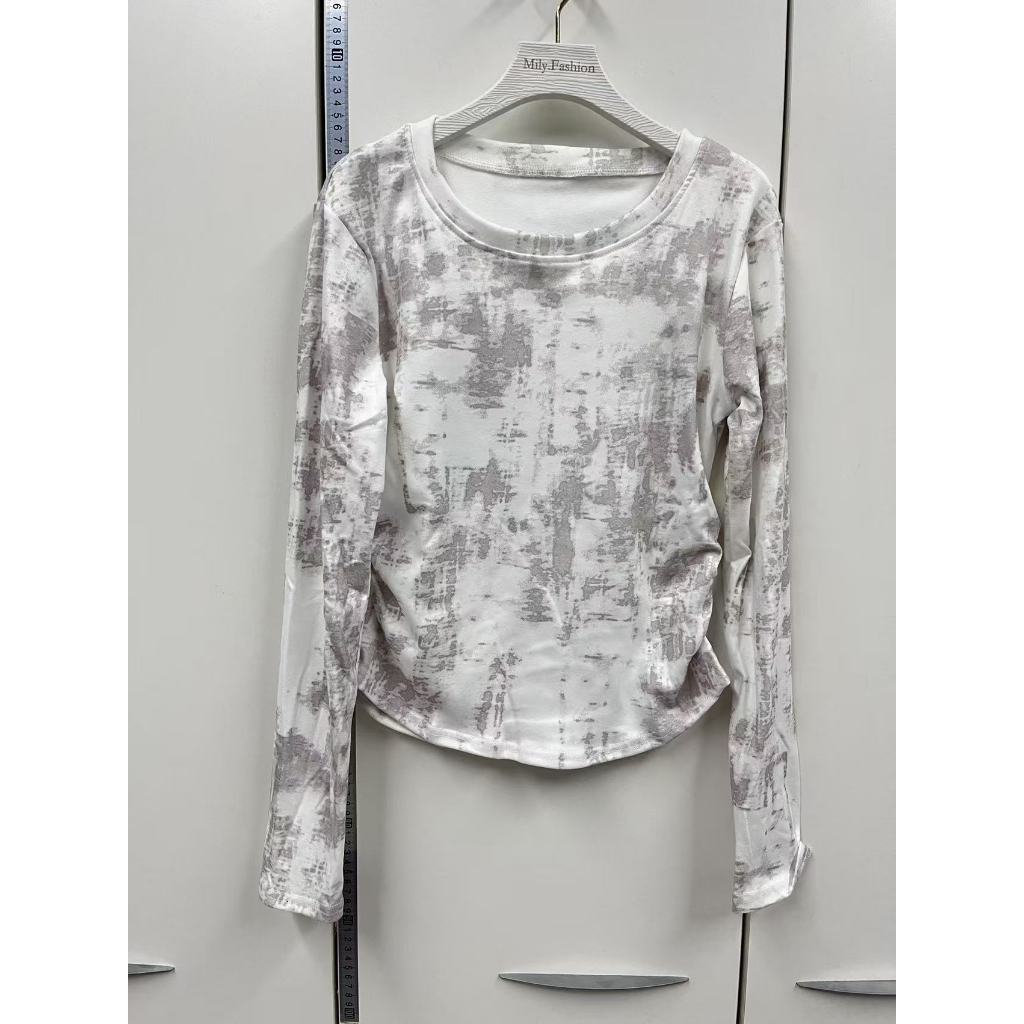 Milyfashion Cotton Size Lớn Tie-Dye Áo Thun Dài Tay Không Đều Đáy Áo Sơ Mi Nữ Slim-fit Ôm Hơn Nhìn Bao Bụng Phong Cách Phương Tây Xếp Ly Áo Ngắn