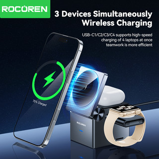 Sạc khối 3 trong 1 Rocoren Sạc nhanh 15W Sạc không dây có thể gập lại Tương thích với iPhone Watch Pods