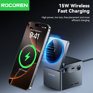 Sạc khối 3 trong 1 Rocoren Sạc nhanh 15W Sạc không dây có thể gập lại Tương thích với iPhone Watch Pods