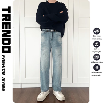 『Trendo』quần jean suông ống rộng jean rách nhẹ Menswear Nam Quần Jean Nam Baggy Wash Khói Jean Nam Ống Rộng Suông Rách gối Cạp Cao Wash Retro Quần bò nam Chất vải jeans bò cao cấp Cá Tính Rách Phong C