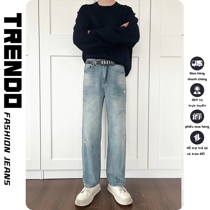 『Trendo』quần jean suông ống rộng jean rách nhẹ Menswear Nam Quần Jean Nam Baggy Wash Khói Jean Nam Ống Rộng Suông Rách gối Cạp Cao Wash Retro Quần bò nam Chất vải jeans bò cao cấp Cá Tính Rách Phong C