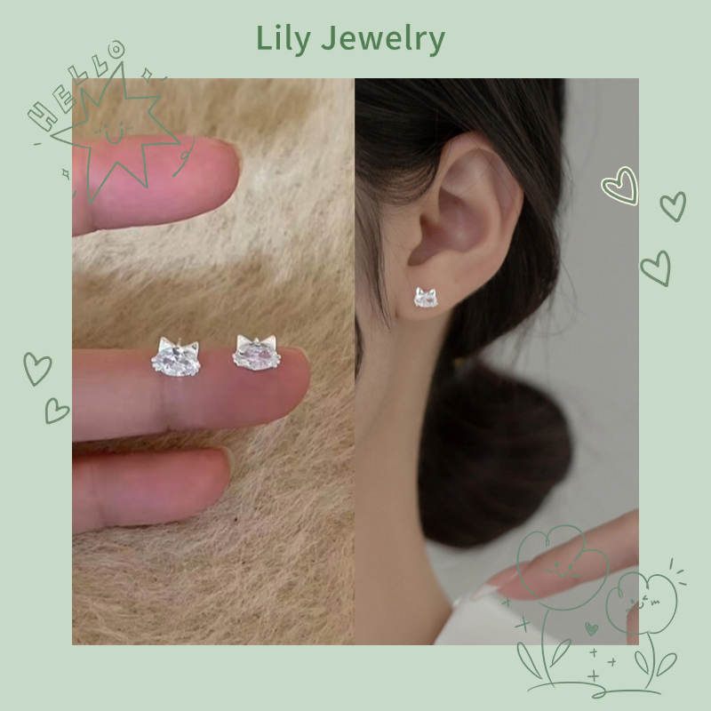 Bông tai mèo bạc S925 thời trang Zircon đơn giản Ngọt ngào nhỏ phù hợp