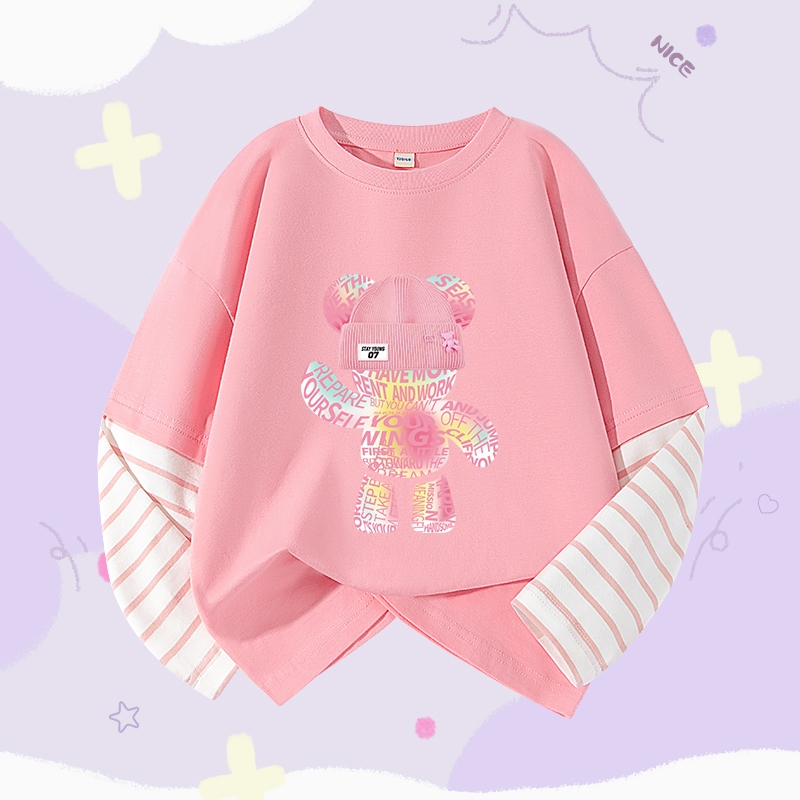 W.G.Q  Áo thun dài tay bé gái, Áo sơ mi Cotton nguyên chất phong cách mới mùa xuân, có in dễ thương