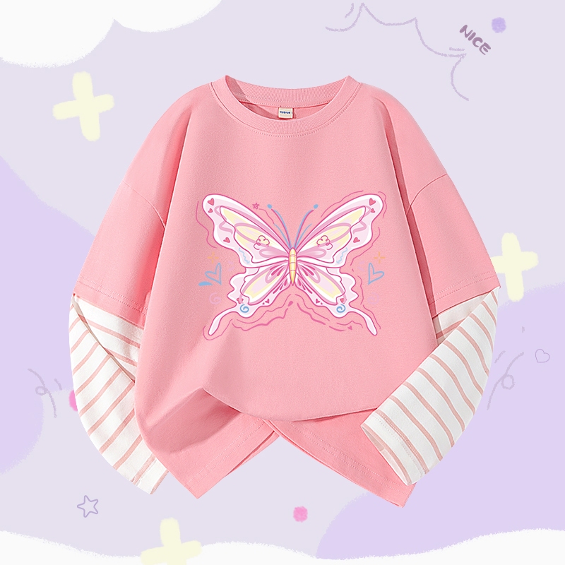W.G.Q  Áo thun dài tay bé gái, Áo sơ mi Cotton nguyên chất phong cách mới mùa xuân, có in dễ thương