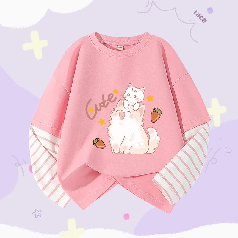 W.G.Q  Áo thun dài tay bé gái, Áo sơ mi Cotton nguyên chất phong cách mới mùa xuân, có in dễ thương