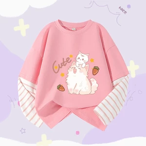 W.G.Q Áo thun dài tay bé gái, Áo sơ mi Cotton nguyên chất phong cách mới mùa xuân, có in dễ thương