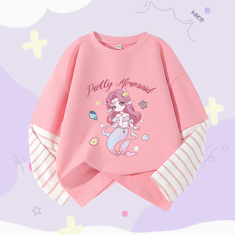 W.G.Q  Áo thun dài tay bé gái, Áo sơ mi Cotton nguyên chất phong cách mới mùa xuân, có in dễ thương