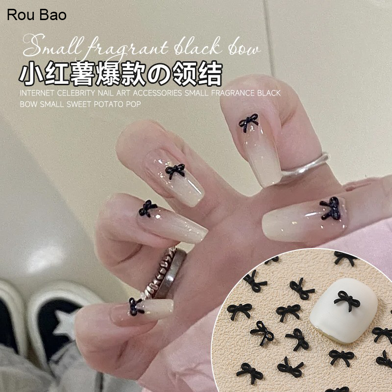 Rou Bao 50 Chiếc Móng Tay Pháp Đen Mini Nơ Nữ Tính 3D Nhựa Móng Tay Nghệ Thuật DIY Quyến Rũ Trang Trí