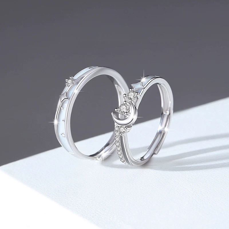 Nhẫn cặp đôi phát sáng mặt trăng Zircon mở đầu có thể điều chỉnh Quà tặng ngày lễ tình nhân cho nam và nữ