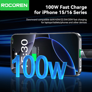 Rocoren 100W Sạc Nhanh USB C Sang USB Loại C Cáp Vòng Ánh Sáng Hợp Kim Nhôm USB-C Dây Dữ Liệu Cho i16 Samsung S24 Huawei