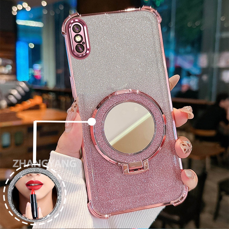 Ốp Lưng Cho iPhone X Xs Xr Xs Max Bốn Góc flash Chống Rơi Vỏ Điện Thoại Thẩm Mỹ Cảm Ứng Gương Thiết Kế Mới Giá Đỡ Tay TPU Mềm