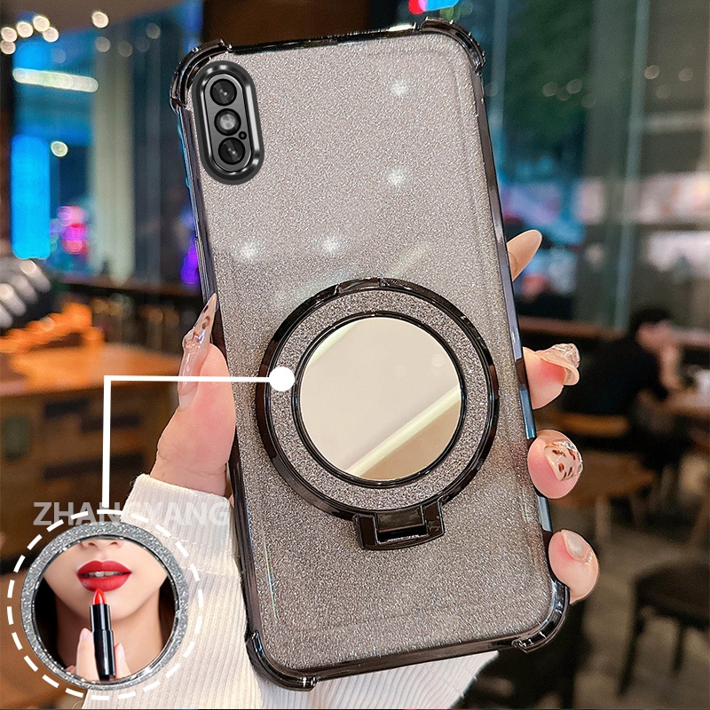 Ốp Lưng Cho iPhone X Xs Xr Xs Max Bốn Góc flash Chống Rơi Vỏ Điện Thoại Thẩm Mỹ Cảm Ứng Gương Thiết Kế Mới Giá Đỡ Tay TPU Mềm