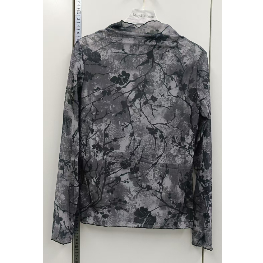 Milyfashion Nửa Cổ Rùa In Lưới Ren Dài Tay Áo Thun Đáy Top