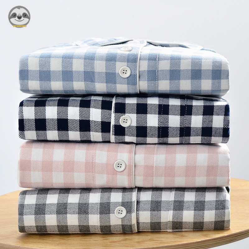 Phong cách Nhật Bản Phong cách Muji / Đồ ngủ Flannel kẻ sọc nhỏ / Bộ đồ ngủ Cotton đôi / Bộ đồ ngủ kẻ sọc Flannel đơn giản
