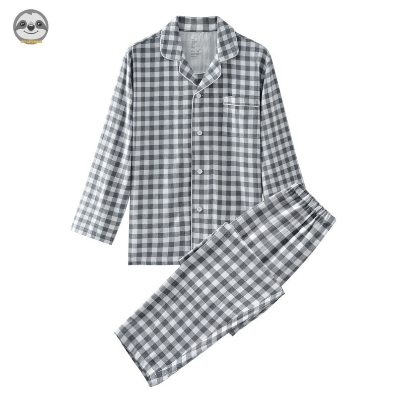 Phong cách Nhật Bản Phong cách Muji / Đồ ngủ Flannel kẻ sọc nhỏ / Bộ đồ ngủ Cotton đôi / Bộ đồ ngủ kẻ sọc Flannel đơn giản