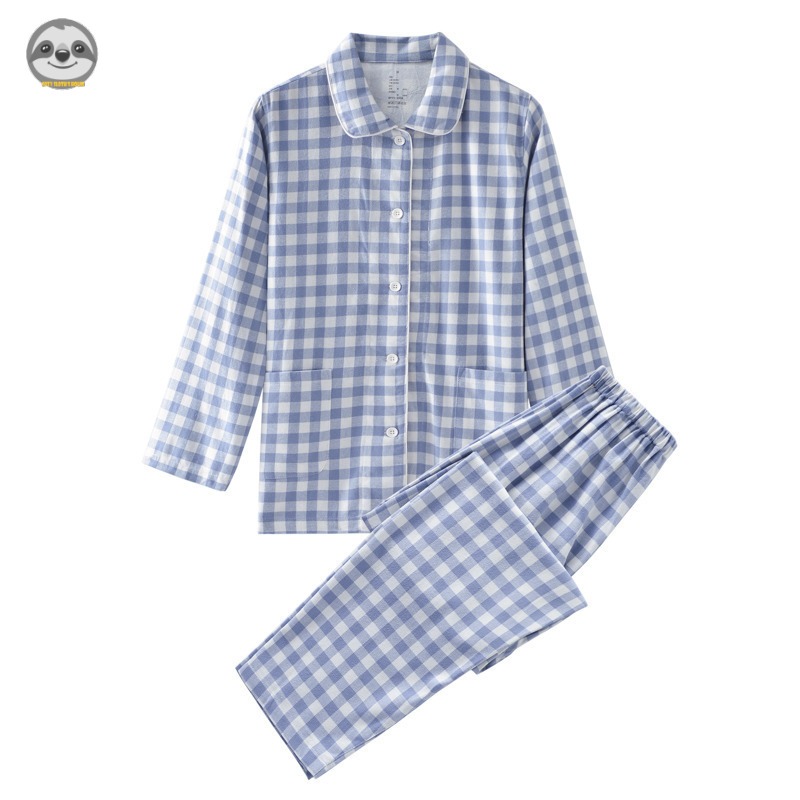 Phong cách Nhật Bản Phong cách Muji / Đồ ngủ Flannel kẻ sọc nhỏ / Bộ đồ ngủ Cotton đôi / Bộ đồ ngủ kẻ sọc Flannel đơn giản
