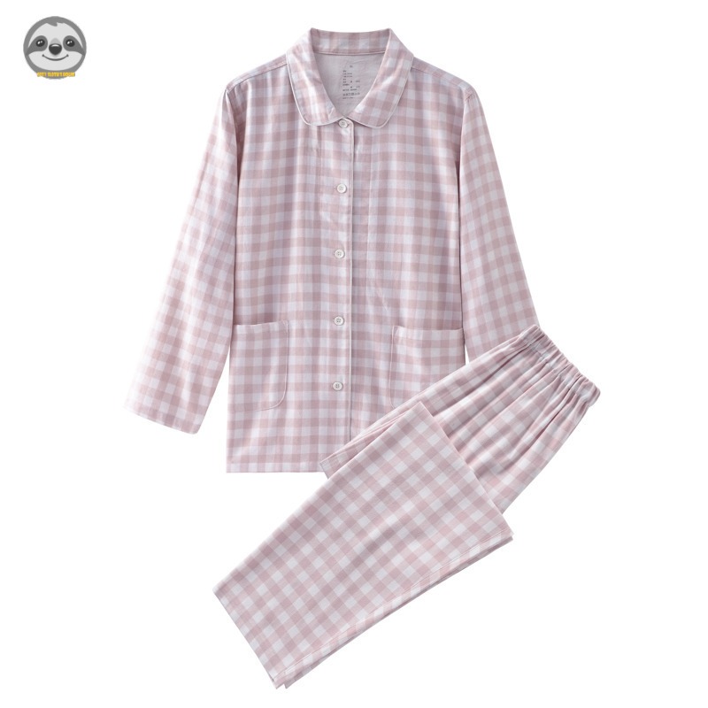 Phong cách Nhật Bản Phong cách Muji / Đồ ngủ Flannel kẻ sọc nhỏ / Bộ đồ ngủ Cotton đôi / Bộ đồ ngủ kẻ sọc Flannel đơn giản