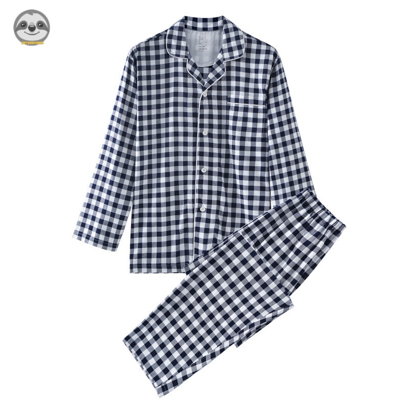 Phong cách Nhật Bản Phong cách Muji / Đồ ngủ Flannel kẻ sọc nhỏ / Bộ đồ ngủ Cotton đôi / Bộ đồ ngủ kẻ sọc Flannel đơn giản