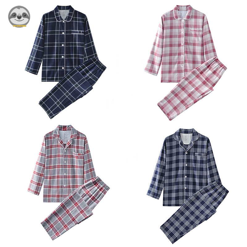Phong cách Nhật Bản Phong cách Muji / Đồ ngủ Flannel kẻ sọc cổ điển / Đồ ngủ cặp đôi Cotton / Đồ ngủ mùa thu đông Flannel dày