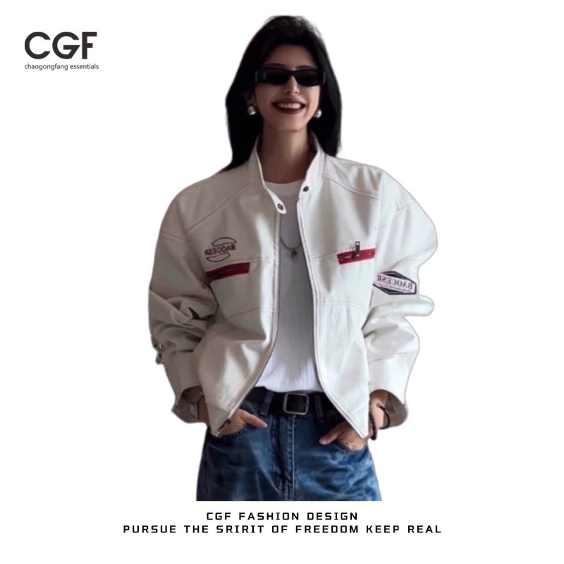 CGF Da pu đường phố cao cấp Mỹ Thiết kế cảm giác thích hợp áo khoác hợp thời trang rộng rãi