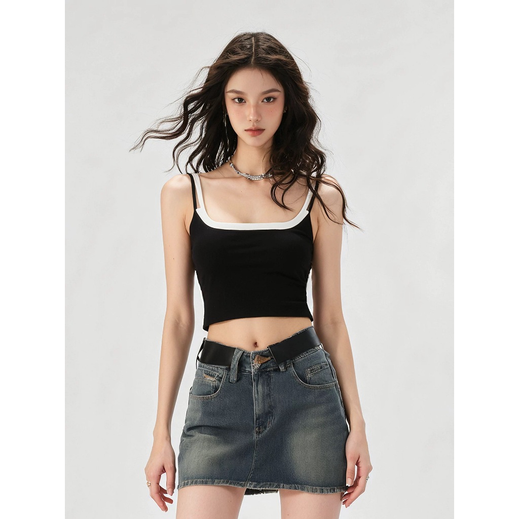 Mùa hè cổ điển hot girl Y2K nữ crop top giản dị chắp vá không tay thời trang đa năng áo vest yếm