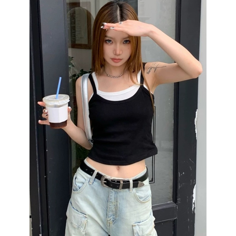 Mùa hè cổ điển hot girl Y2K nữ crop top giản dị chắp vá không tay thời trang đa năng áo vest yếm