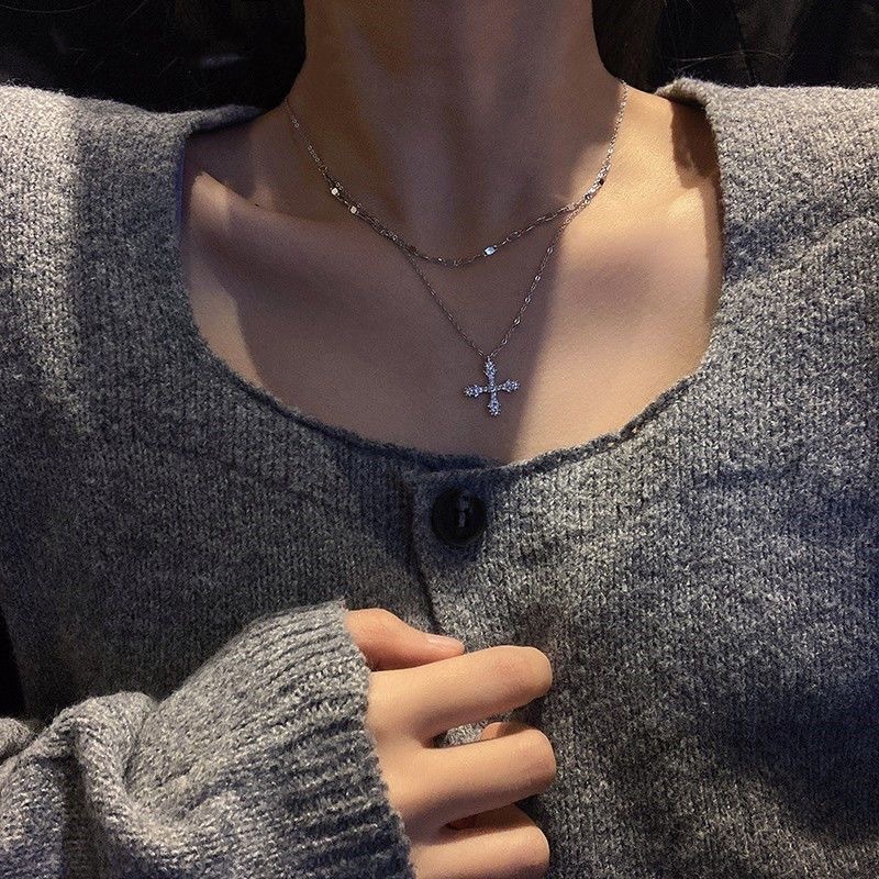 Cross Double Layer Stacking Necklace Luxury Niche Thiết kế Thời trang Cool Bone Necklace