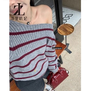 ZHELIHANGFEI Áo cổ rộng ngọt ngào Hàn Quốc với áo len ngắn sọc tương phản