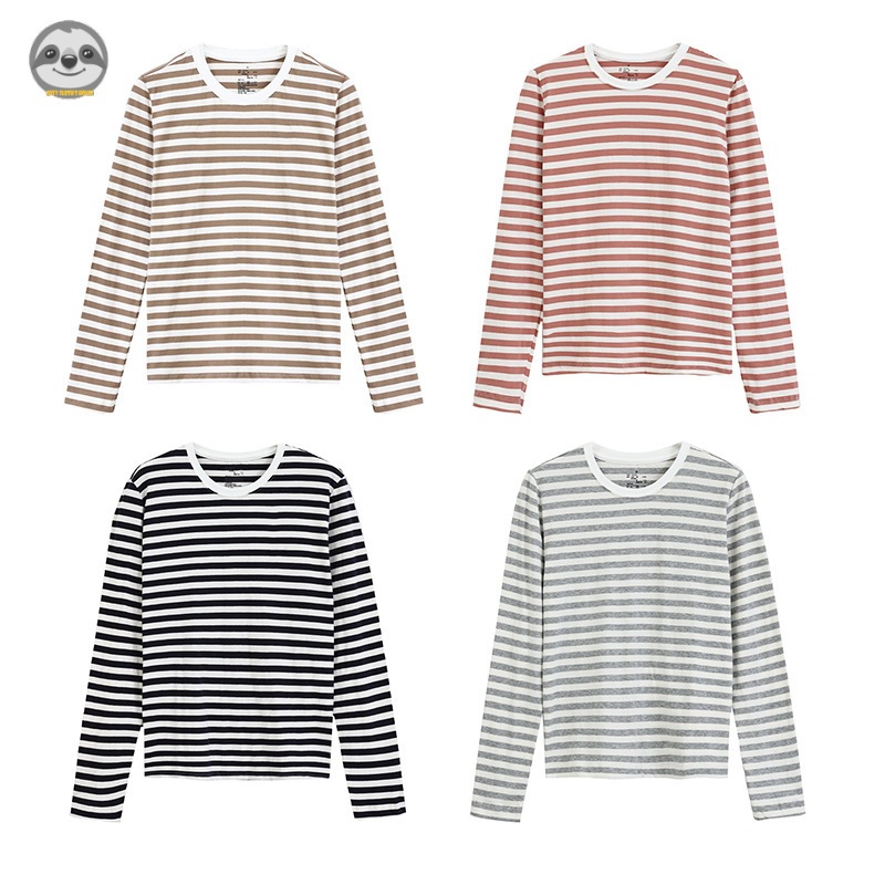 Phong cách Nhật Bản Muji Style / Áo thun sọc dài tay nữ / Áo thun Cotton đơn giản / Áo khoác ngoài đế thông thường