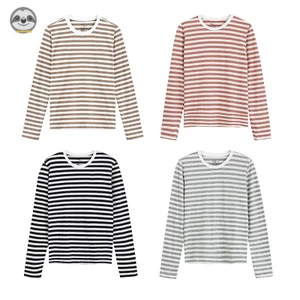 Phong cách Nhật Bản Muji Style / Áo thun sọc dài tay nữ / Áo thun Cotton đơn giản / Áo khoác ngoài đế thông thường