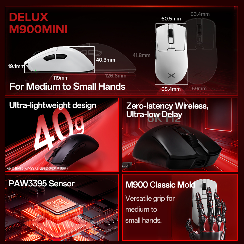 Delux M900 MINI PRO PAW3395 40 / 46g 8000Hz Chuột chơi game DPI 26000 ...