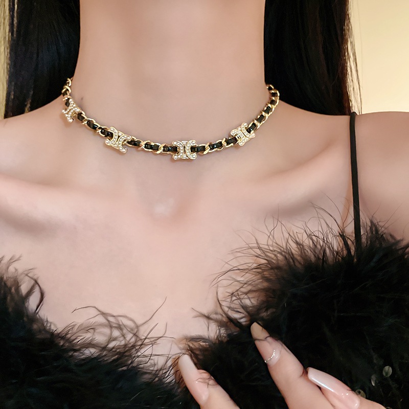 [Jewbeauty] Vòng cổ ngọc trai chữ da dệt thời trang đơn giản cao cấp dây chuyền xương đòn phụ kiện cá tính cổ điển