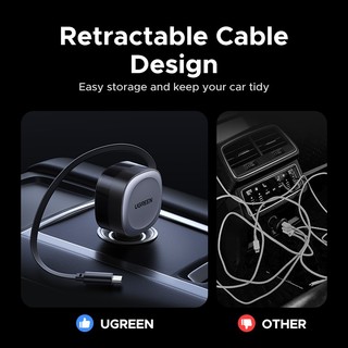 Bộ sạc ô tô UGREEN 75W Linh hoạt có thể thu vào 3 cổng USB A PD 30W Sạc nhanh với cáp USB C 75cm cho Samsung S25 Ultra